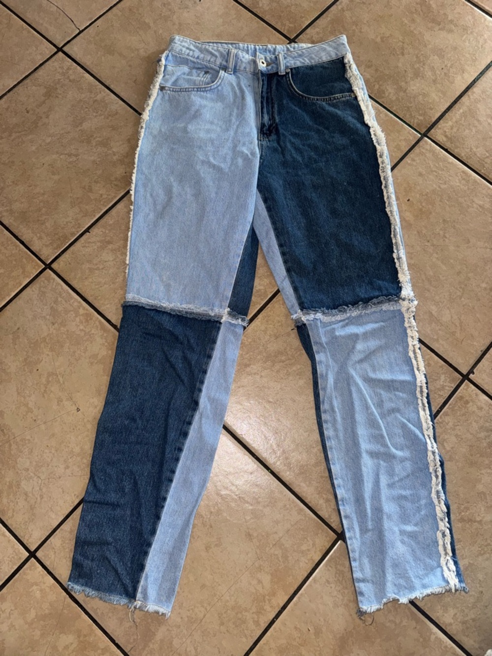 Two-Tone Straight Leg Patchwork Jeans - Light & Dark Blue - Picture 2 of 9